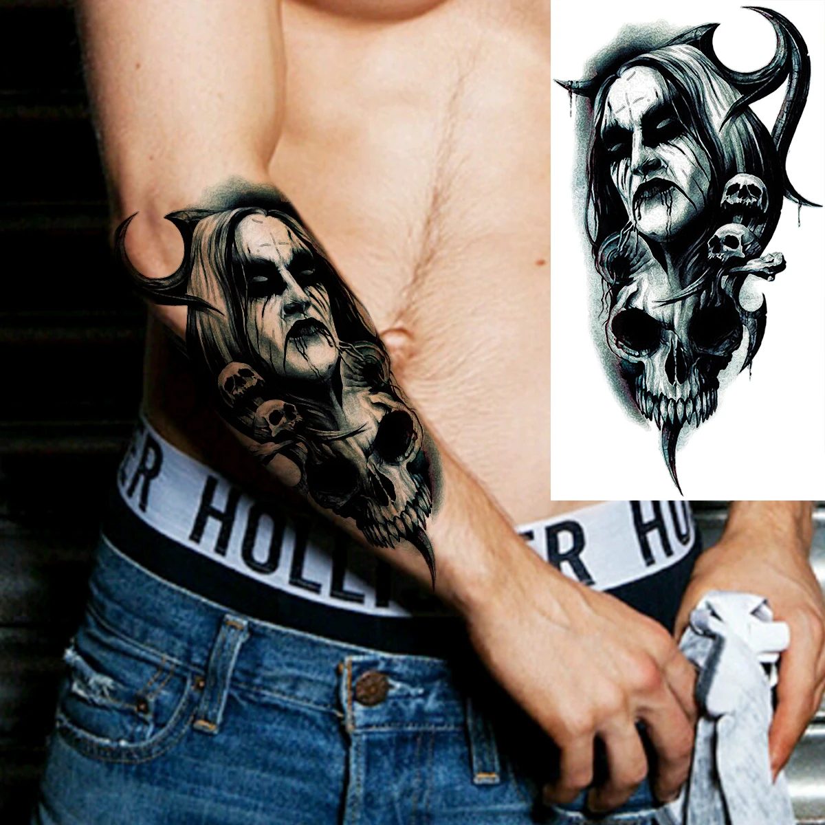 Tatuajes Temporales realistas en 3D para hombres, tatuajes temporales de diablo negro, tigre adulto, esqueleto de pirata, vampiro, tatuaje falso, antebrazo, tatuaje aterrador, Joker