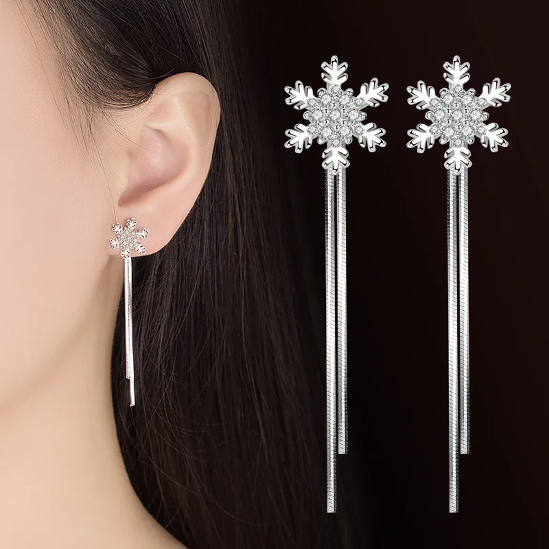 New Arrival 925 Sterling Silver Jewelry Snowflake Earline Tassel Earrings For Women Girls Fashion Statement Bijoux Pendientes