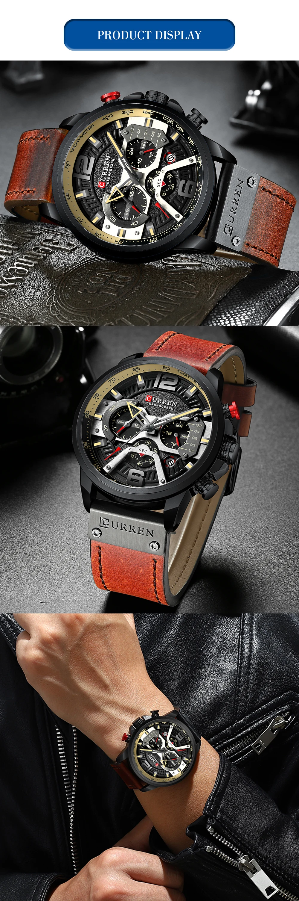 CURREN Neue männer Casual Sport Chronograph Blau Top Marke Luxus Military Leder Uhr Kalender Uhr Relogio Masculino – Detail 5