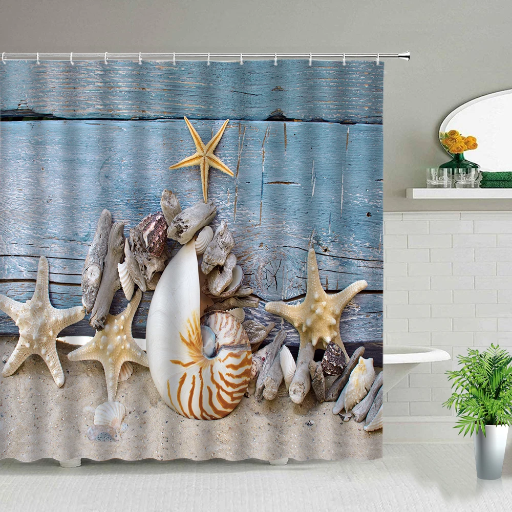 Starfish Conch Poster Waterproof Bathroom Shower Curtains Sunlight Beach Scenery Polyester Cloth Hanging Curtain Bathroom Decor