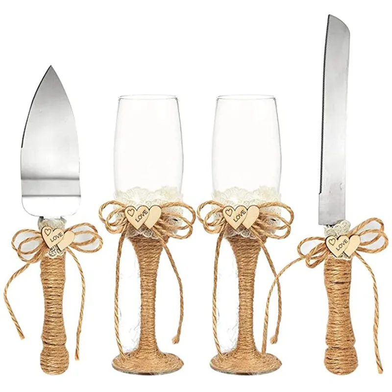 4Pcs Heart Wedding Toasting Champagne Glass Goblet Banquet Red Wine Glass Cake Knife Shovel Wine Glass Gift for Valentine's Day