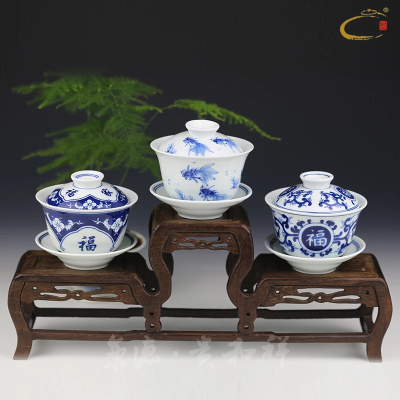 

|jing DE three just tureen large blue and white porcelain is jingdezhen hand-painted ceramic cups kung fu tea tea bowl