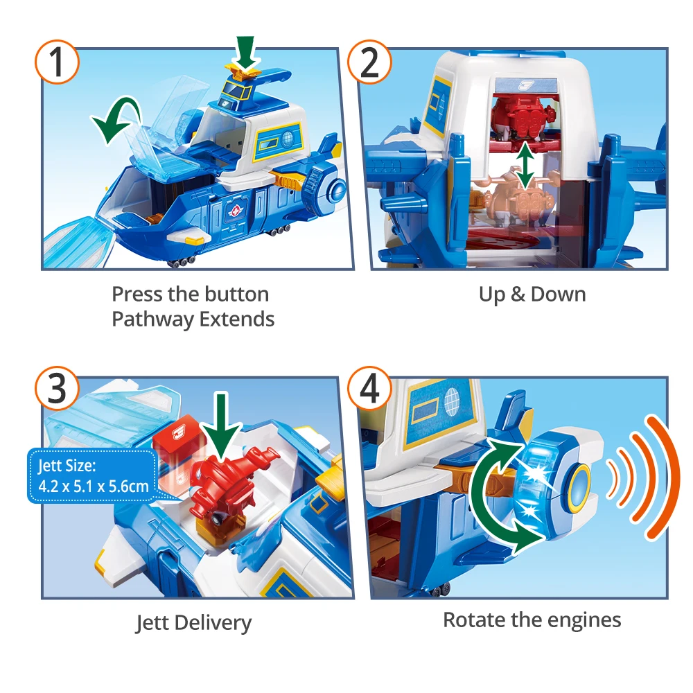 Super Wings S4 Air Moving Base  With lights & Sound World Aircraft Playset Includes 2” Jett Transforming Bots Toys For Kids Gift