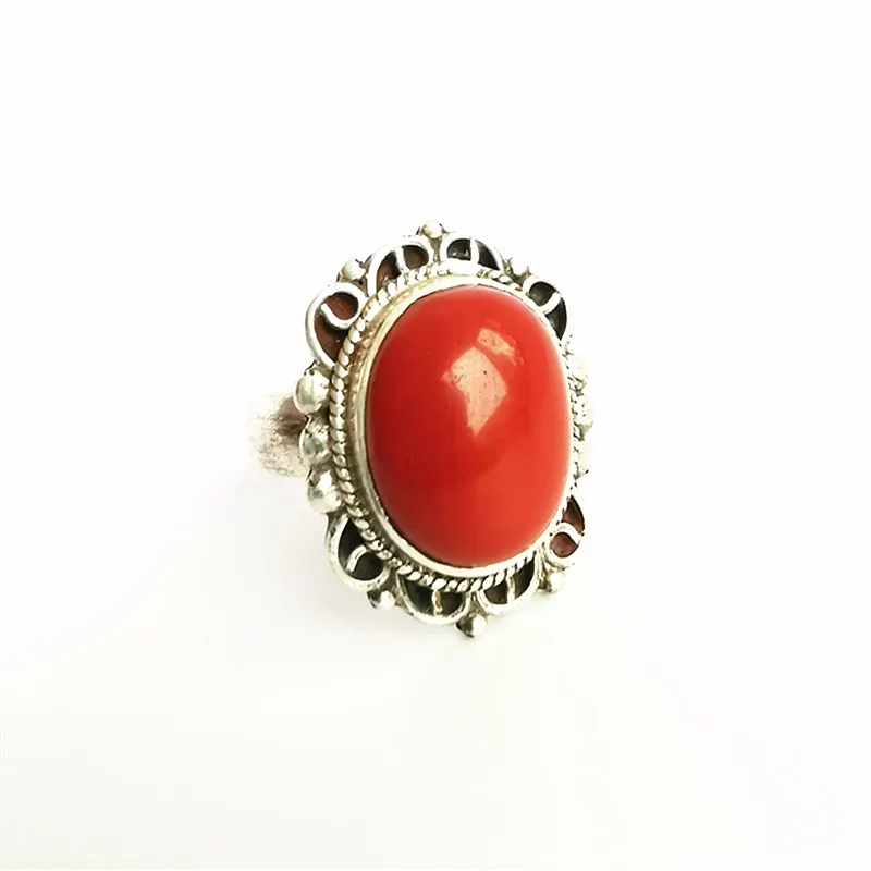 Tibetan Jewelry 925 Silver Inlaid Red Lampwork Rings for Man Lady Vintage Rings T9019