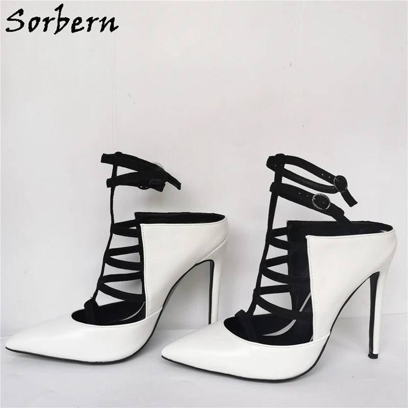 

Sorbern White Women Pump Slingbacks Pointed Toe T-Strap Mature Ol Shoe High Heel Stilettos Party Shoes Ankle Wrapped Straps 2020