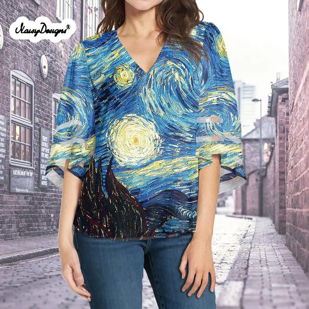 NOISYDESIGNS-Chemise en mousseline de soie imprimée Van Gogh pour femme, chemisier d'été pour femme, peinture d'art, vêtements féminins de bureau, taille Y-Plus, Harajuku