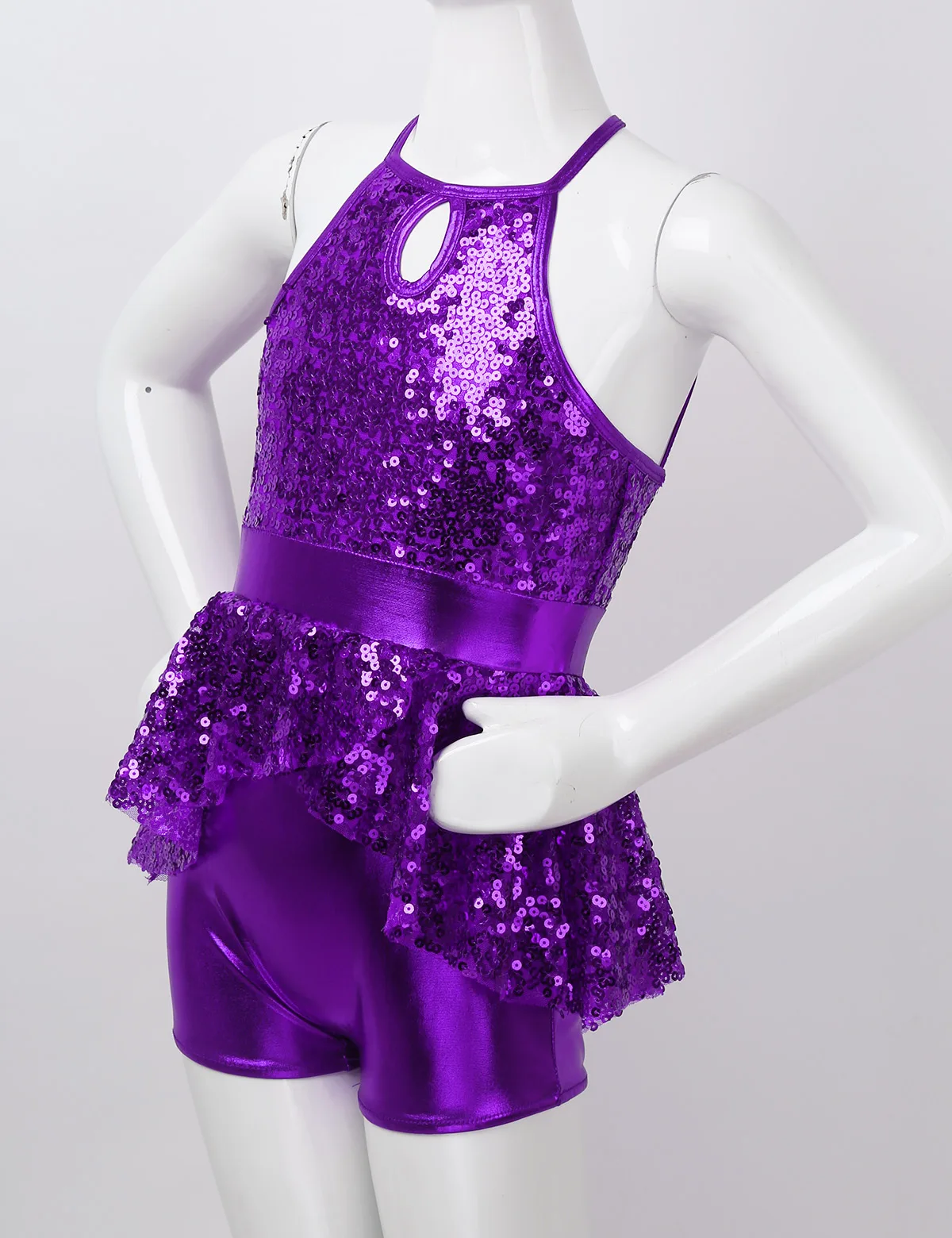 Kids Girls Sequins Caged Back Ballet Dance Costume Shorty Unitard Dress for Jazz Lyrical Contemporary Figure Skating Dance Wear