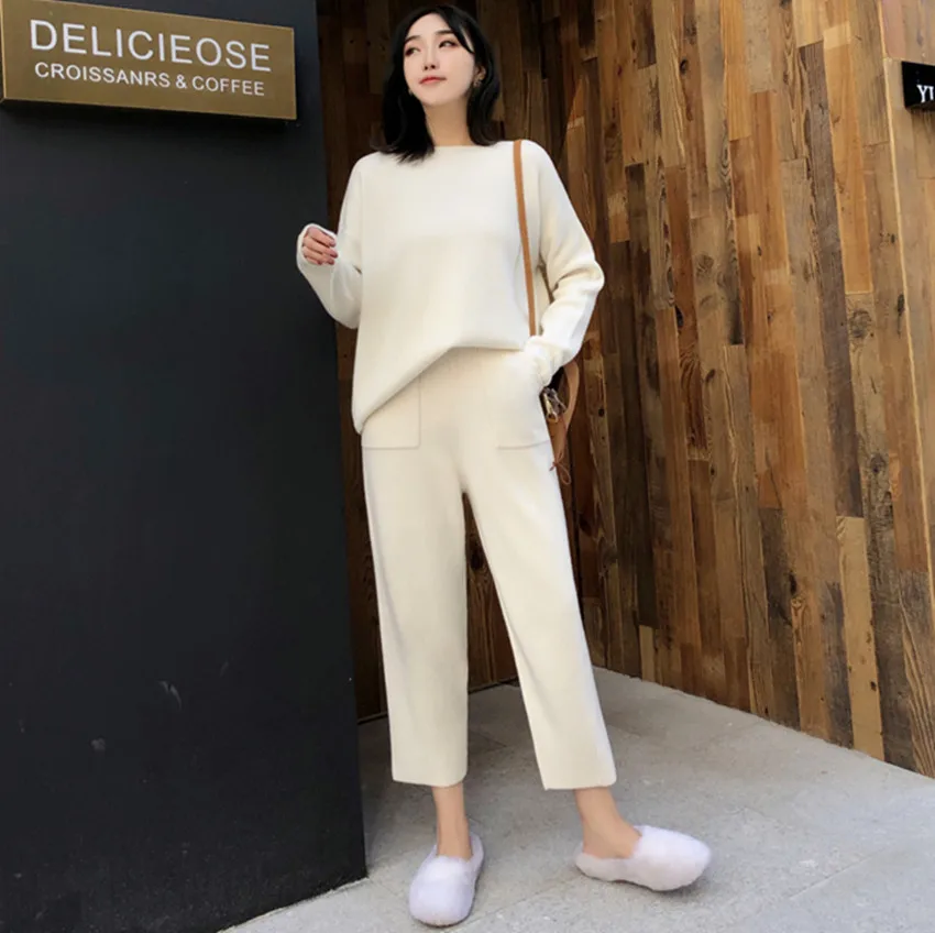 2024 New Autumn Winter Knitting 2 PCS Set For Women O Neck Thick Loose Sweater Tracksuits + Casual Ankle-Length Pants Warm Suits