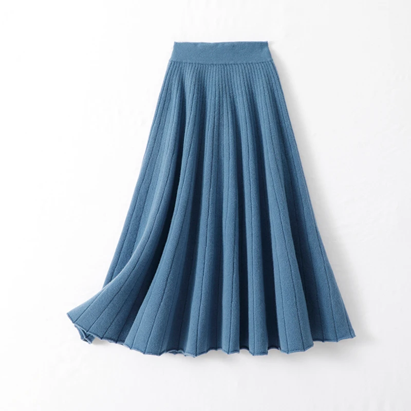 Solid Color Female Long Vintage WOOL Pleated Skirt Women Autumn Winter Elegant Fashion Ladies High Waist A line Skirt