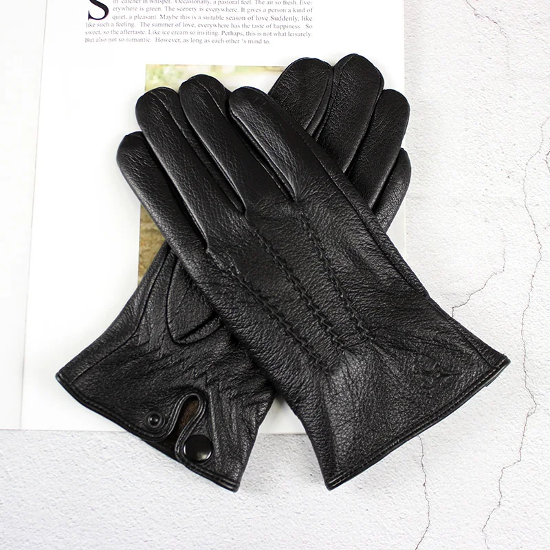 

New Touch Screen Deerskin Leather Gloves Men's Winter Warm Velvet Lining Outdoor Windproof Motorcycle Riding Car Driving Points