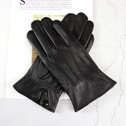 New Touch Screen Deerskin Leather Gloves Men's Winter Warm Velvet Lining Outdoor Windproof Motorcycle Riding Car Driving Points