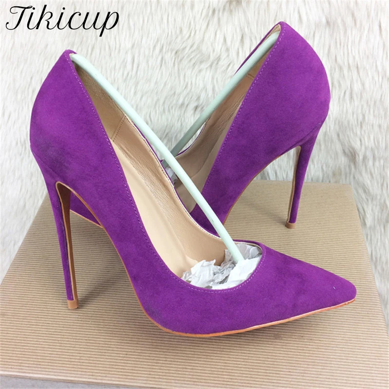 Tikicup 8cm 10cm 12cm Women Solid Purple Flock Pointy Toe High Heels Elegant Ladies Gorgeous Stiletto Pumps Party Dress Shoes