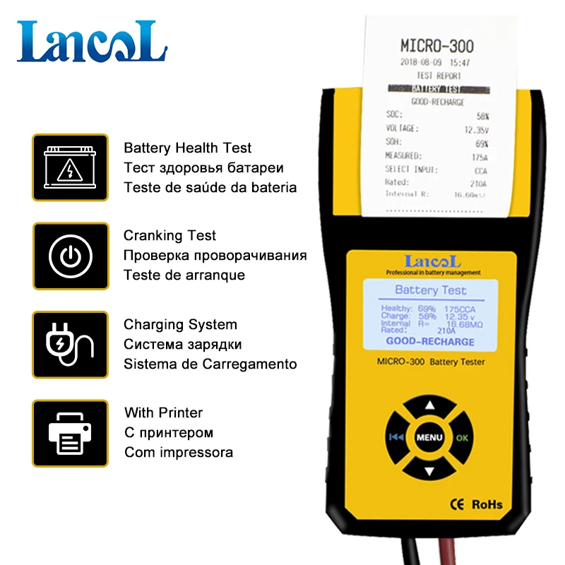 Lancol Micro-300 Battery Tester And Voltage Meter Tools 12V Battery Capacity Tester With Printer Automotive Alternator Printer