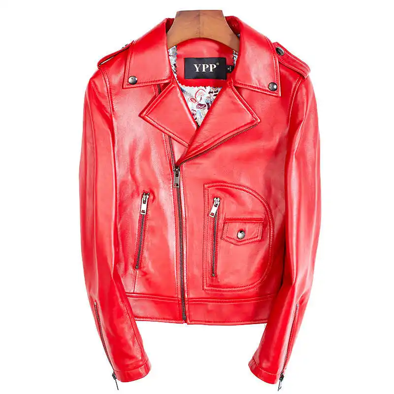 2023 New Fashion Womens Autumn Soft Genuine Leather Jackets Coats Lady Red Streetwear Zipper Motorcycle Biker Short Basic Coat