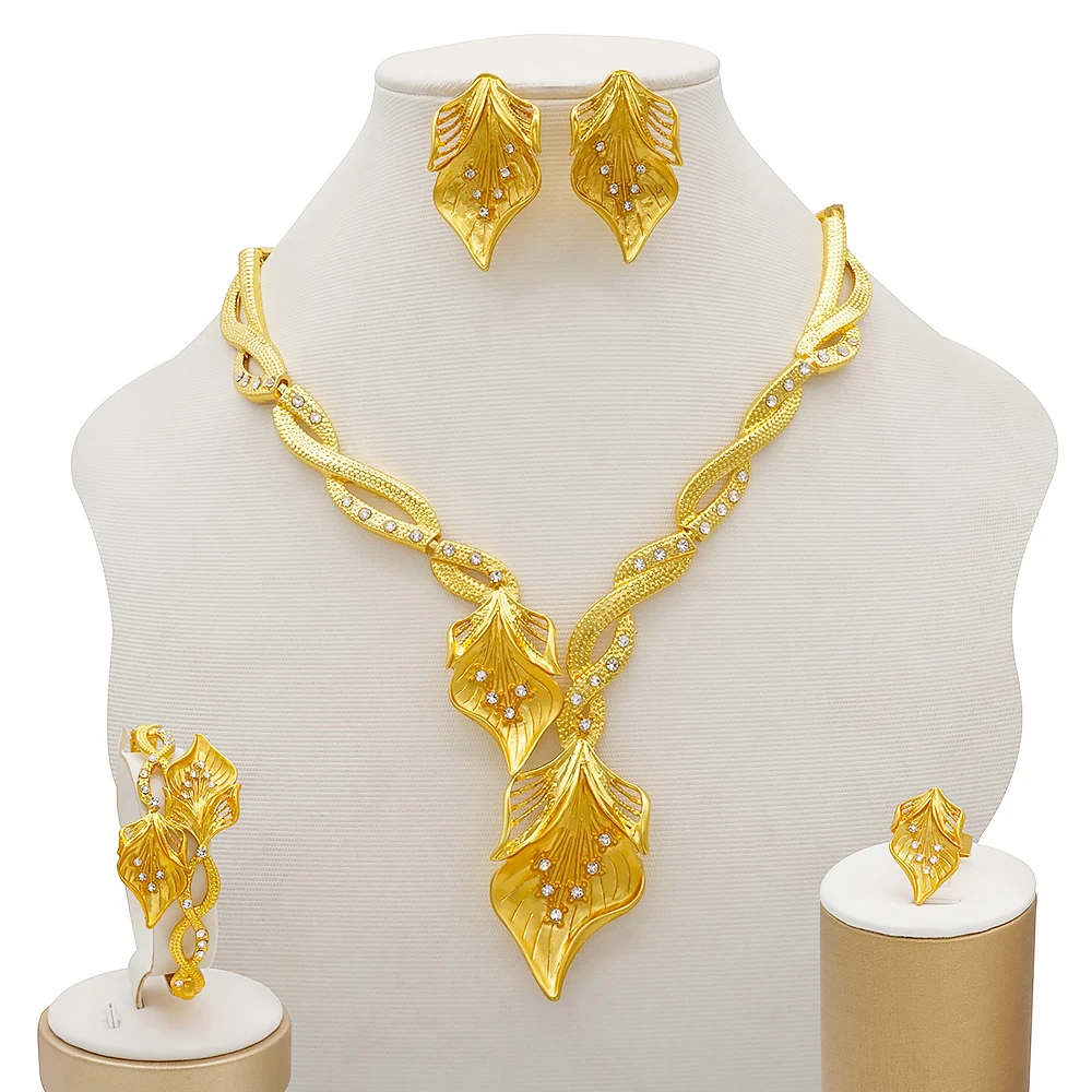 

Jewelry Sets Wedding Crystal Leaf Fashion Bridal African Gold Color Necklace Earrings Bracelet Women Party Sets