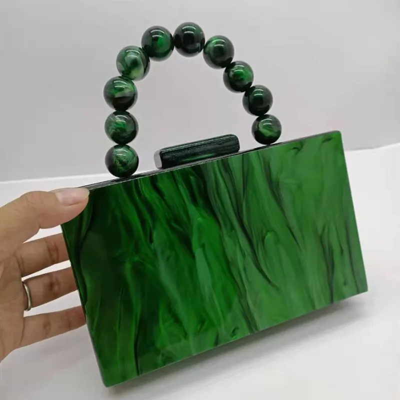 18X11 cm With Bead Chain Pearl Green Marbel Womens Acrylic Evening Party Clutch Handbag Designer Perspex Purse for Wedding Party