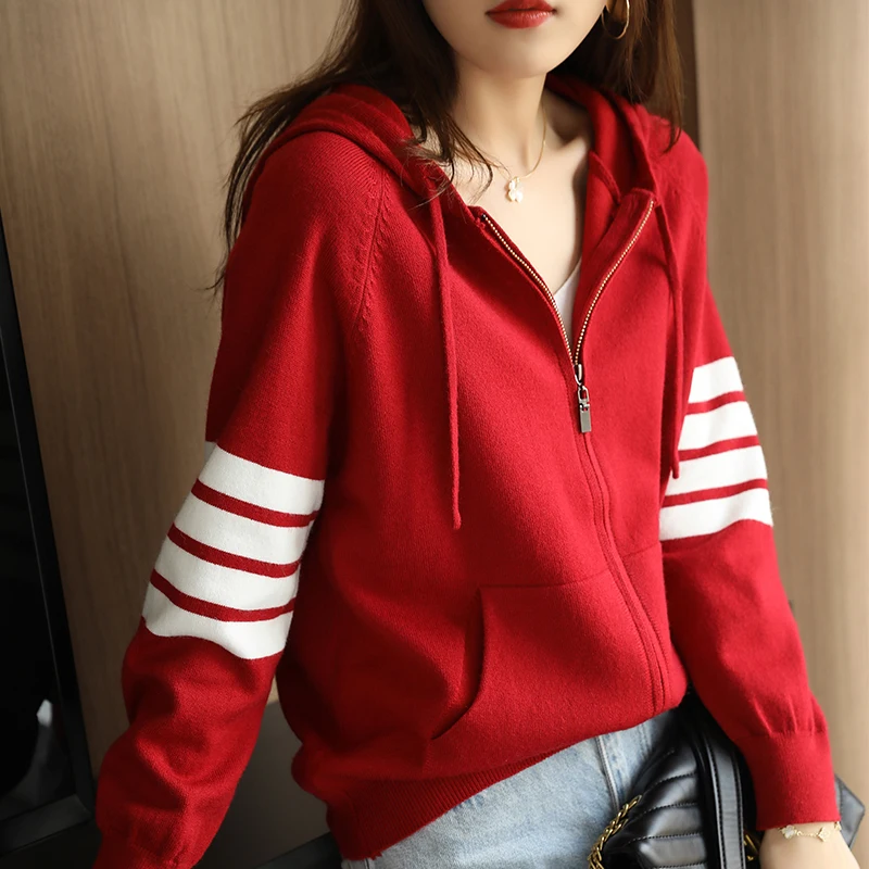 Women Cashmere Sweater Autumn / Winter  Loose TB  Design Hooded Zipper Cashmere Knit Cardigan