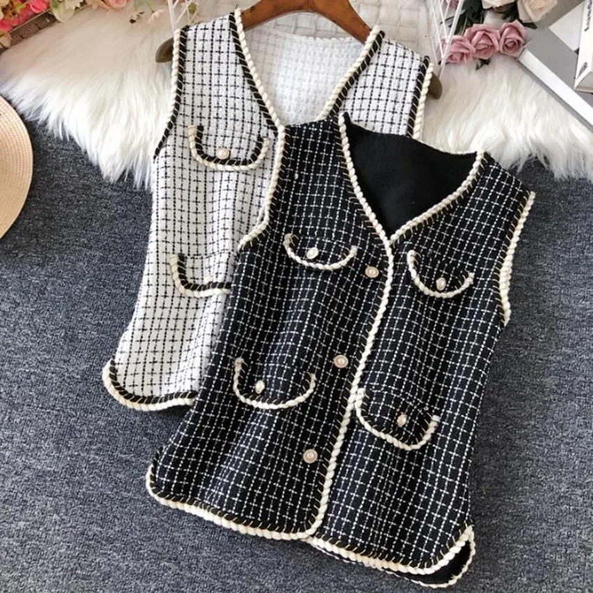 

French style autumn samll fagracne tweed plaid short waistcoat women v-neck slim vest outwear