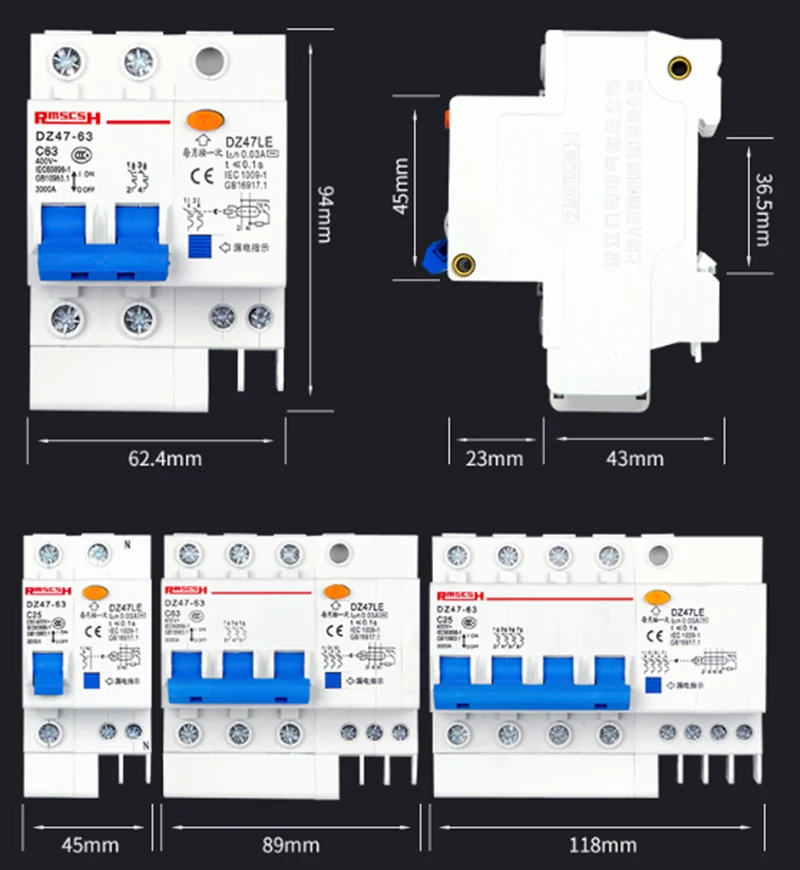 Circuit breaker mini RCD RCBO DZ47 6A-63A current 2P 3P+N 4P 1P+N30mA 15mA MCB leakage protector