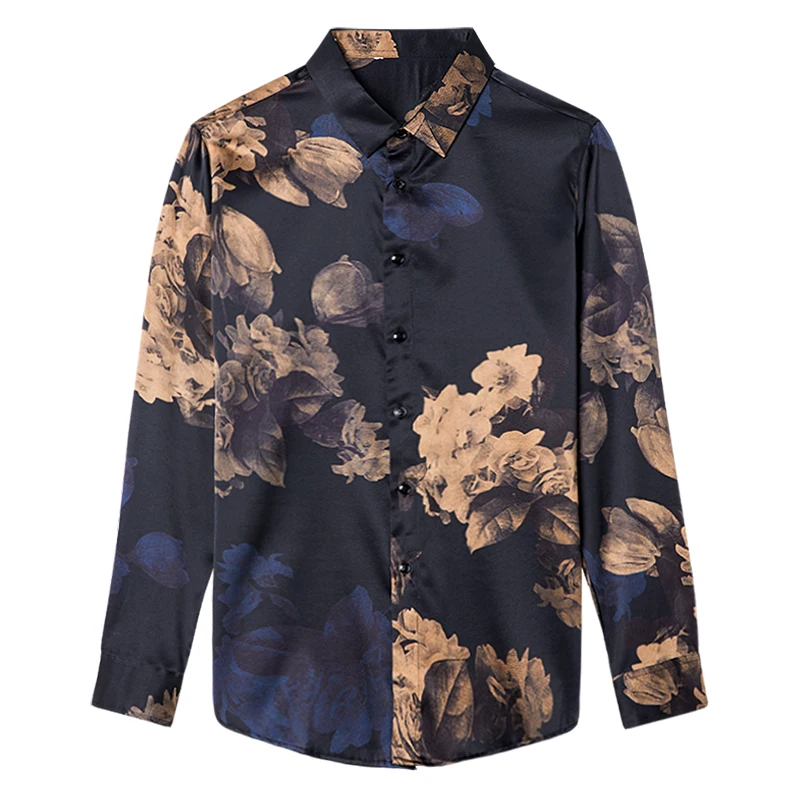 

Men's High-end Silk Print Shirt, Tight Shirt, Men's Long Sleeve Shirt, 2021 Mulberry Silk Shirt