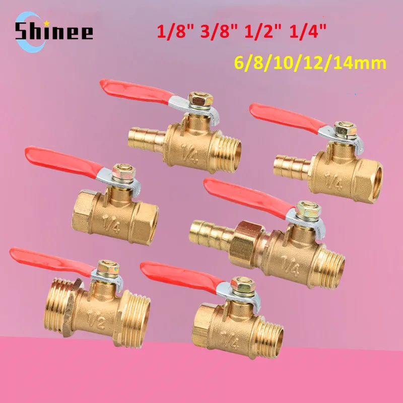 Brass Water Oil Air Gas Fuel Line Shutoff Ball Valve Pipe Fittings Pneumatic Connector Controller Handle 6-12MM Hose Barb Inline