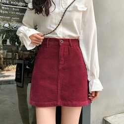 2020 new retro corduroy red A-line skirt high waist bag hip skirt