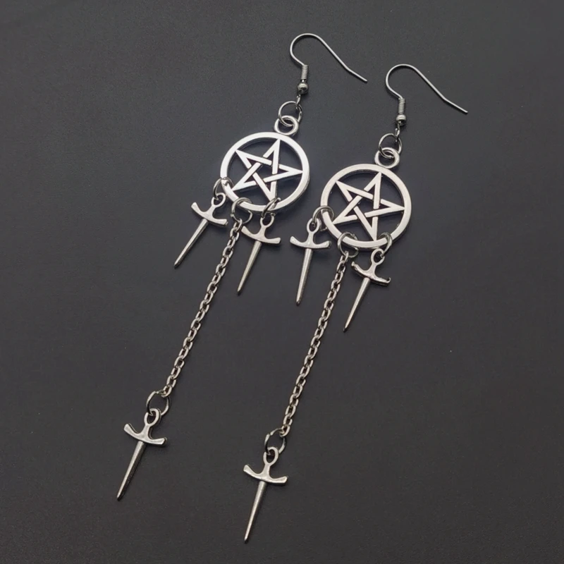 Pentagram Swords Earrings Silver Plated Huggie Hoops Dangle Witchy Jewelry Pagan Wiccan Tarot Gothic Emo Women Gift