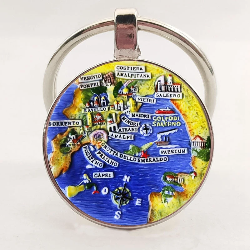 Charm 25MM Keychain Europe Mediterranean Greece Spain France Glass Drawing Keychain Men and Women Jewelry Gifts