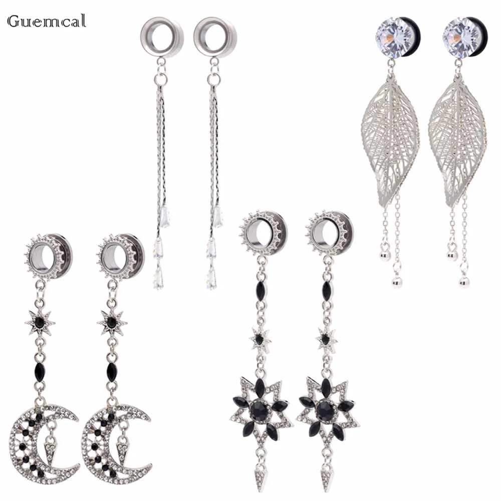 

Guemcal 2pcs New Product Zircon Long Sun Pentagram Tassel Ear Expander Body Piercing Jewelry