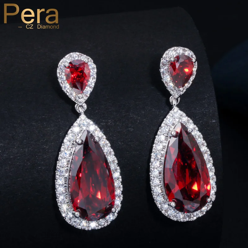 Pera Elegant Red Ear Design Jewelry Silver Color Big Cubic Zirconia Stone Pave Setting Long Dangle Drop Earrings for Women E235