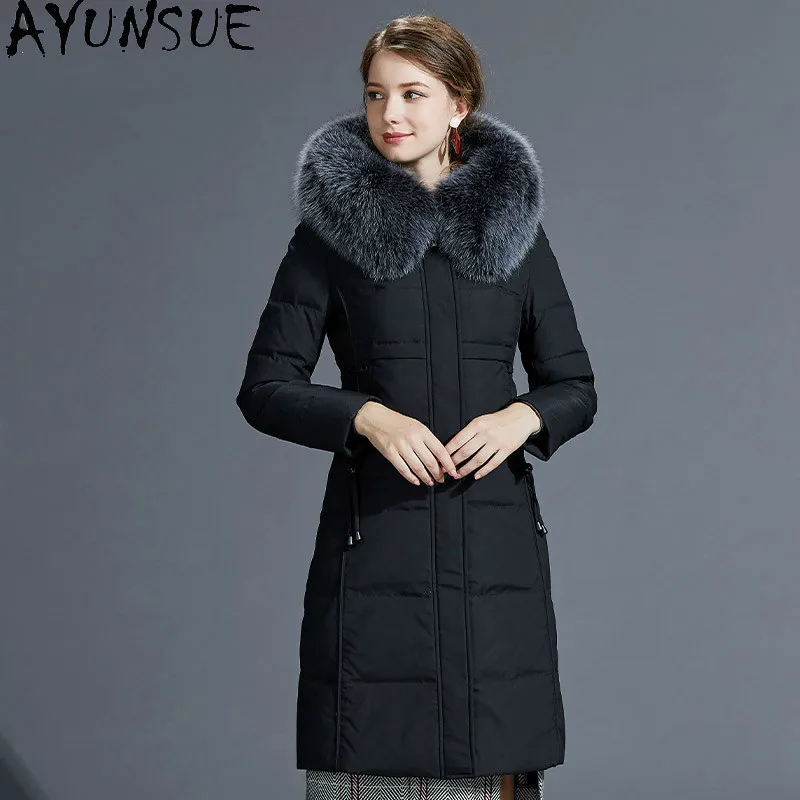 AYUNSUE High Quality Women's Down Jacket Real Fox Fur Collar Hooded Coat Female White Duck Down Woman Parkas Abrigo Mujer Zjt285