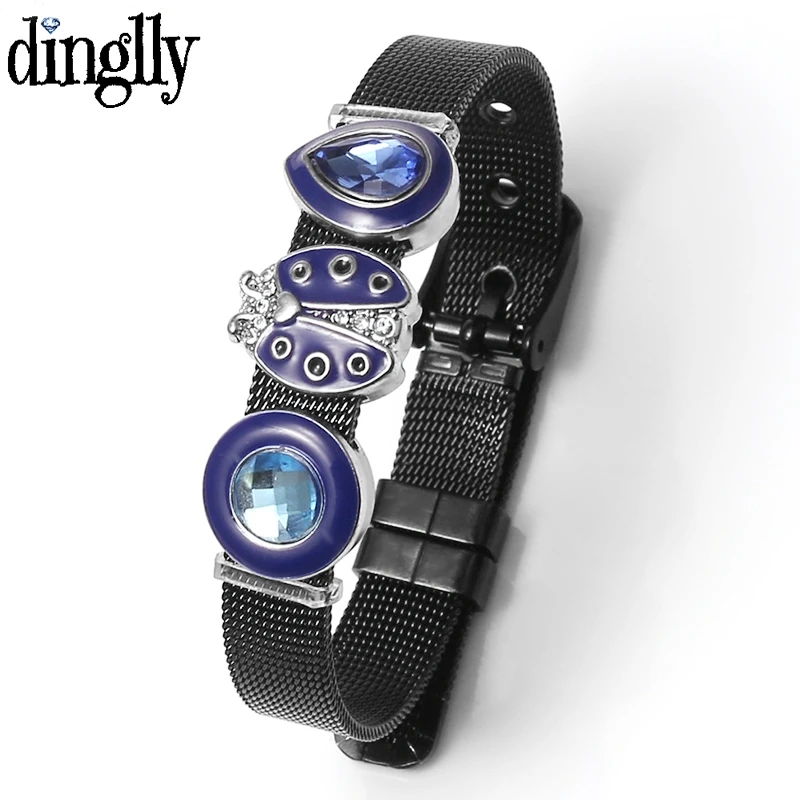 Black Stainless Steel Mesh Bracelets For Men Blue Crystal Water Drops Beaded Love Ladybug Charm 10mm Belt Bracelet Bangle