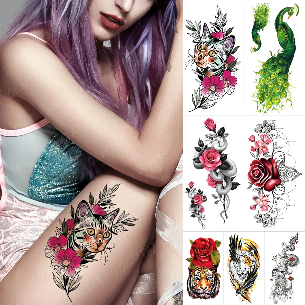 

Waterproof Temporary Tattoo Sticker Cat Flower Peacock Tatto Arm Snake Tiger Dragon Body Art Arm Fake Sleeve Tatoo Women Men