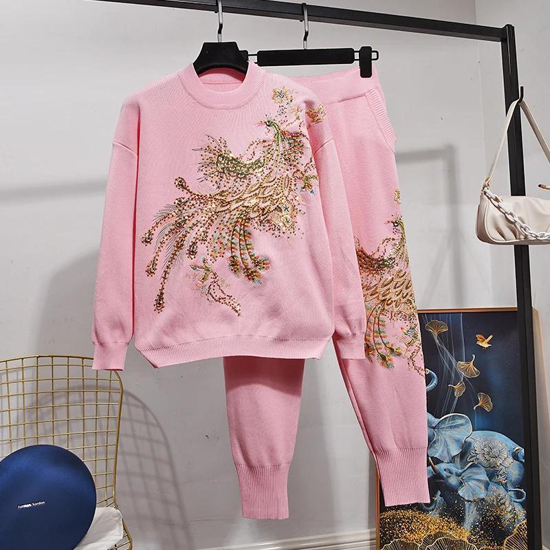 Fashion Knitted Two Piece Set Women Loose Embroidery Tracksuits Beading Peacock Pullover Sweater Pencil Pants Outfits 2pc Female