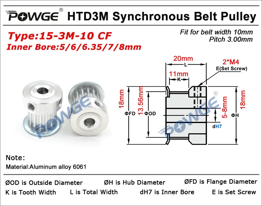 POWGE 15 Teeth HTD 3M Synchronous Pulley Bore 3.175/4/5/6/6.35/7/8mm for Width 10mm 3M timing belt HTD3M Pulley gear 15T 15Teeth