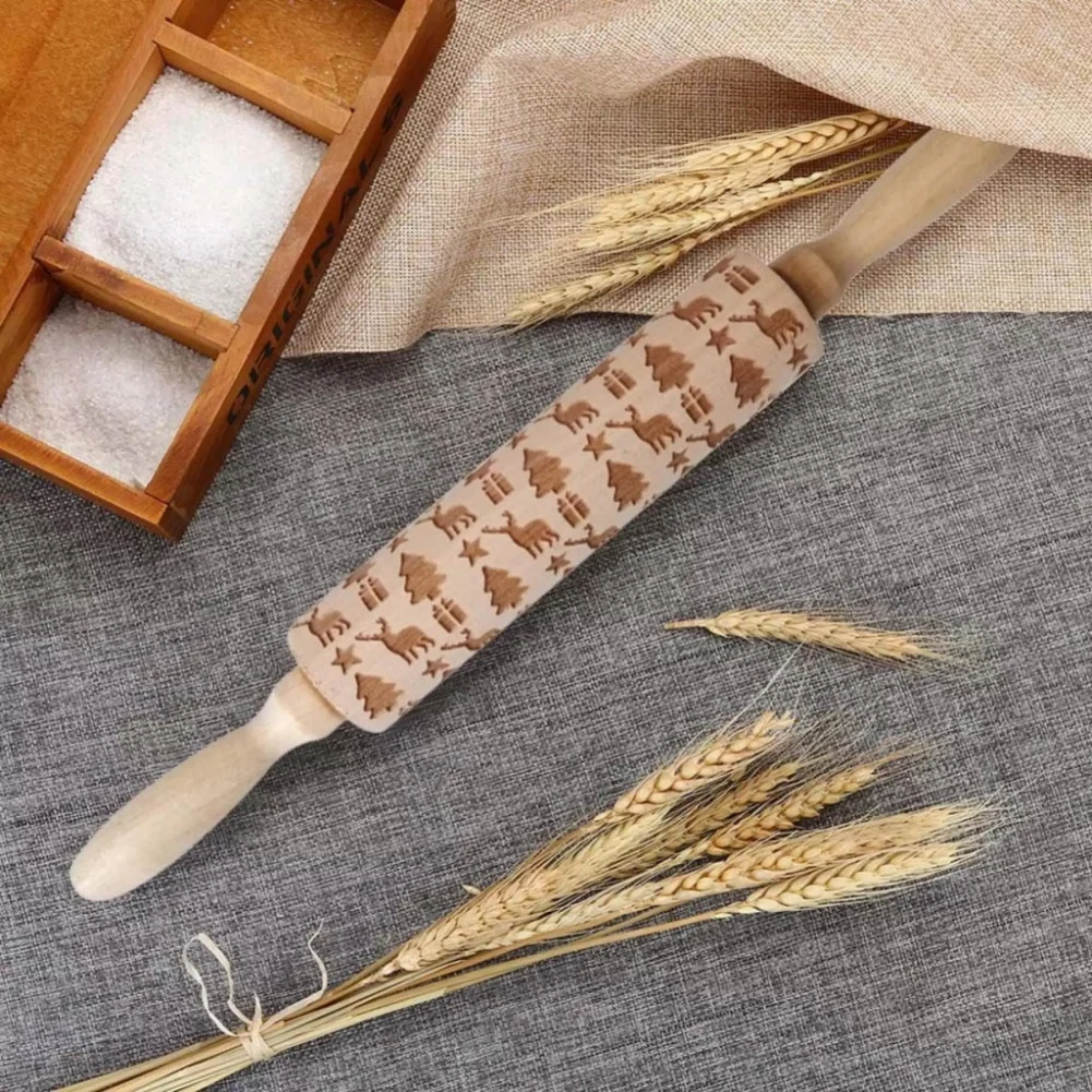 Christmas Rolling Pin Carved Engraved Wooden for Embossed Cookies Baking Pastry Tools