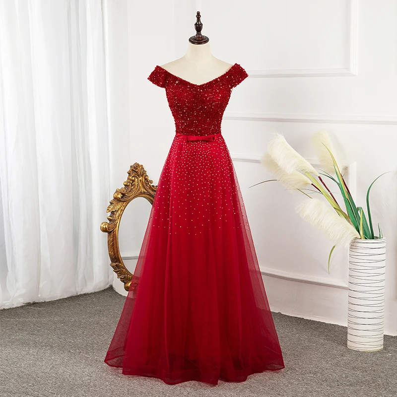 

Evening Dress 2020 New Fashion Wedding Party Dress Wine Red Banquet Dresses Beading Sexy Off the Shoulder Prom Dress a Line