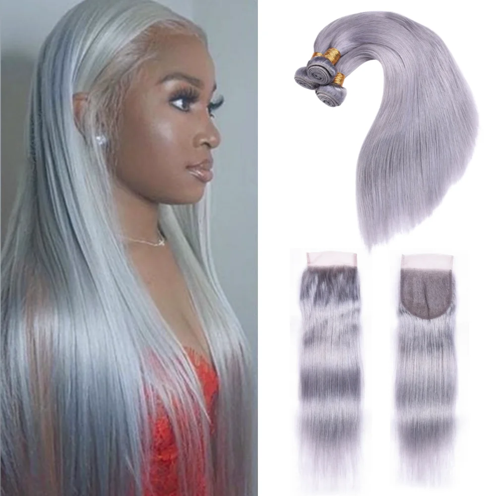 

Sapphire Silver Grey Bundles With Closure Brazilian Straight 3 Bundles With Closure Gray Human Hair Bundles With Closure Remy