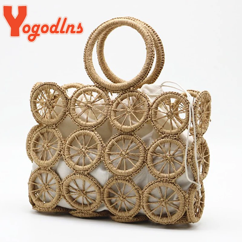 Yogodlns Summer Hollow Out Straw Bag Women Handmade Weave Handle Bag Beach Ladge Capacity Handbag Casual Rattan Lady Beach Bag