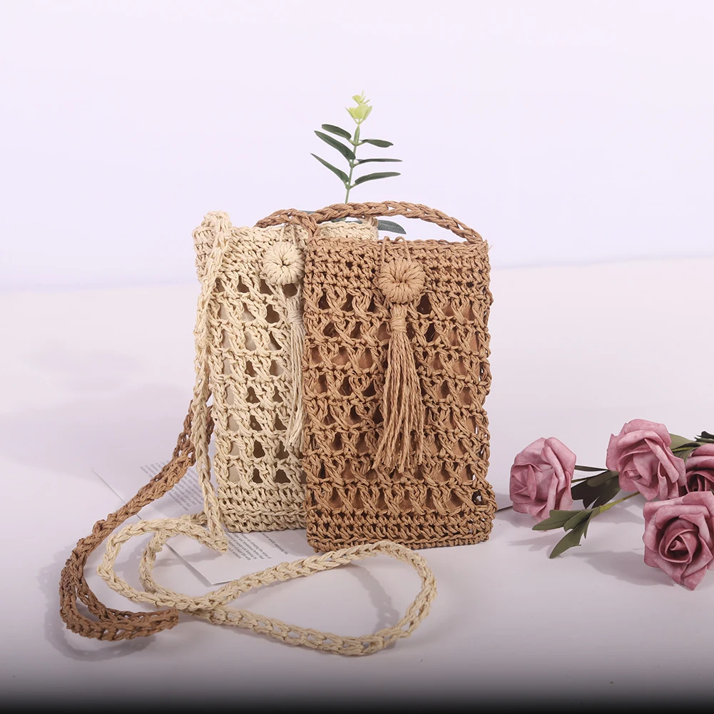 Women's Bag Vintage Straw Rope Vacation Travel Beach Holiday Woven Small Purse Women Casual Mini Shoulder Crossbody Phone Bag