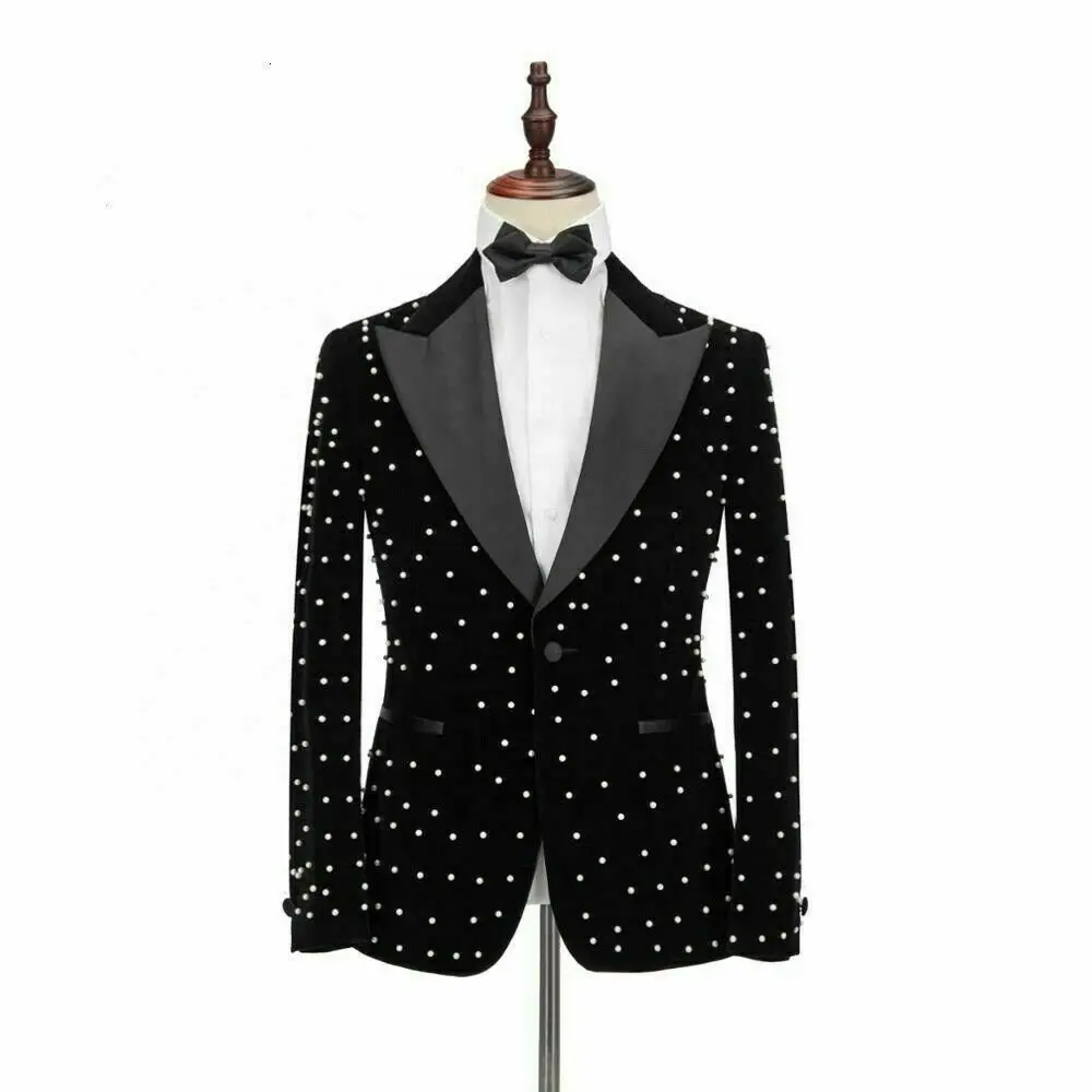 2023 Luxury Pearls Beading Wedding Tuxedos Peaked Lapel One Button Mens Designer Jacket Formal Party Prom Wear (Jacket+Pants)