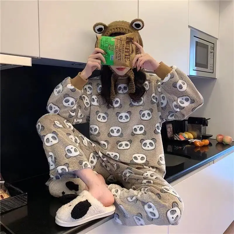 Kawaii Gray Panda Harajuku Winter Pullovers Girl Flannel Soft Warm Home Suit Casual Clothes Watch Tv Thicken Sweatshirt Women