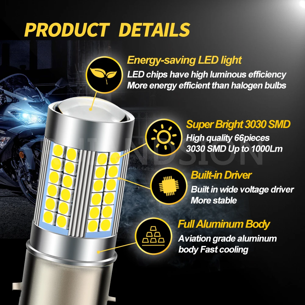 Sam\'sung ba20d ledモーターサイクルヘッドライト電球,3030smd,66led,6v,12v,24v dc,1000lm白6000k,1個