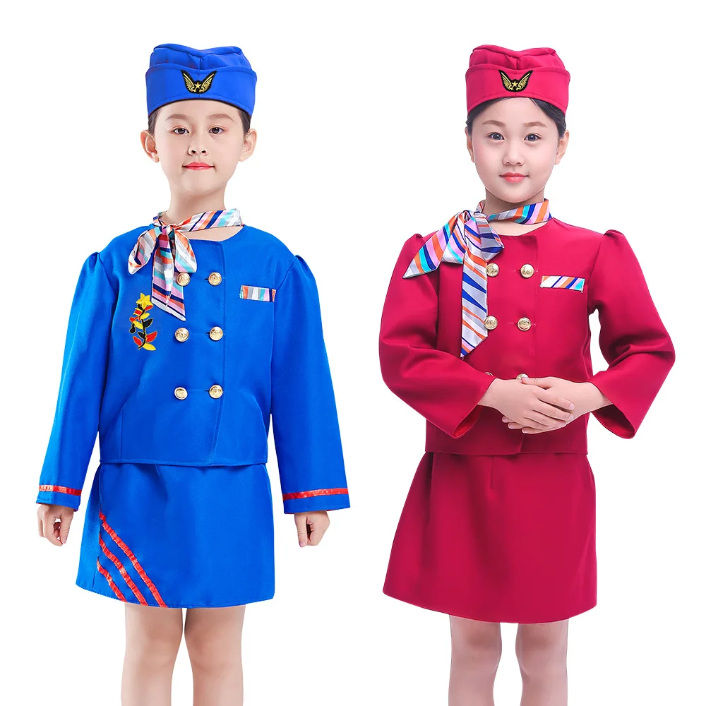 Halloween Kids Cosplay Air Stewardess Career Uniforms Occupational Sexy Air Hostess Flight Attendant Girls Costume Performance