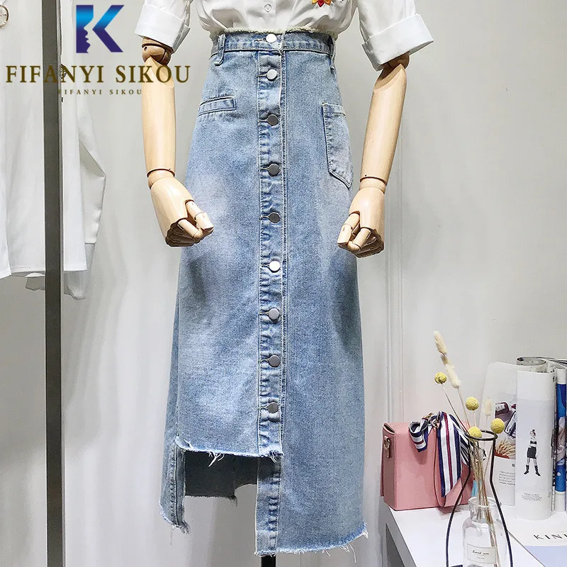 

Blue Denim Skirt Women Single Breasted Pocket High Waist Midi Long Skirt Female Asymmetry Casual Summer A-Line Jeans Skirts