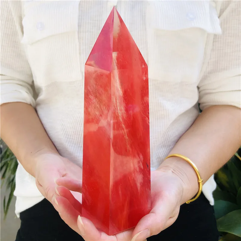 

18-20cm Red Smelting Quartz Crystal Point Healing Obelisk Hexagonal Wand Reiki Gift for Friends Families Promotes natural healt