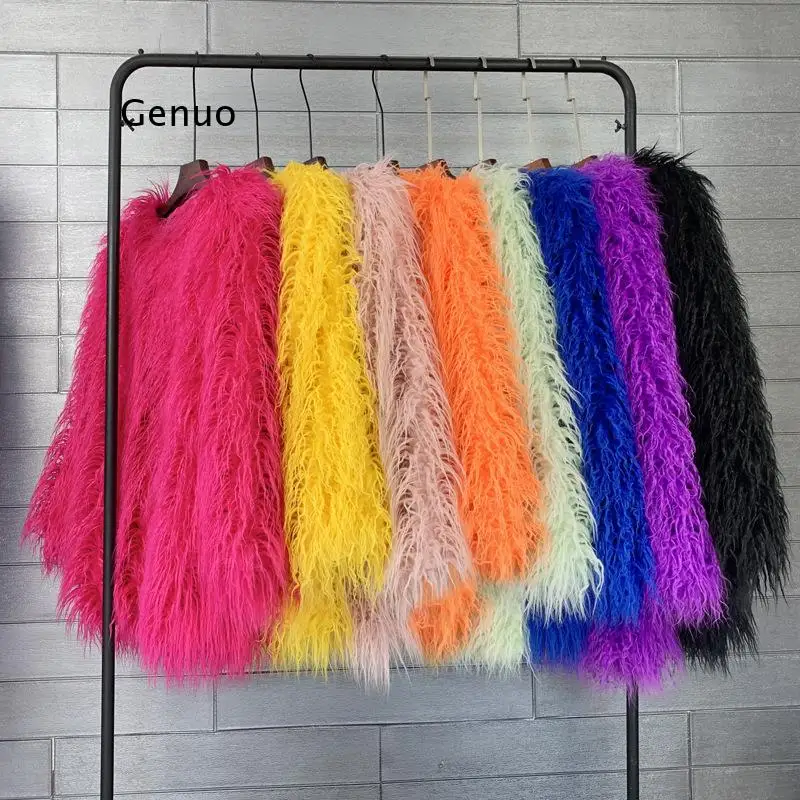 Abrigo largo de piel sintética para mujer, moda coreana, Color caramelo, manga larga, Chaqueta de piel de oveja de imitación esponjoso, negro y