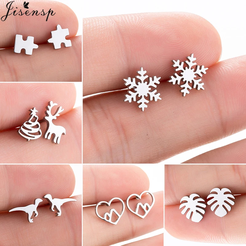 Fashion Cute Snowflake Stud Earrings for Women Minimalist Leaf Puzzle Dinosaur Deer Earings Stainless Steel Christmas Jewelry