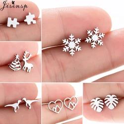 Fashion Cute Snowflake Stud Earrings for Women Minimalist Leaf Puzzle Dinosaur Deer Earings Stainless Steel Christmas Jewelry
