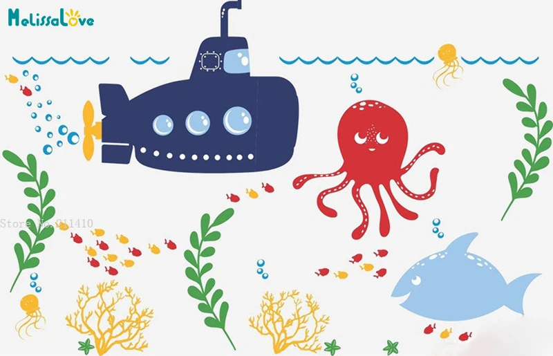 Under The Sea Wall Decals With Submarine And Ocean Animals  Sticker Colorful Nursery Decor Removable Murals for Children YT4771